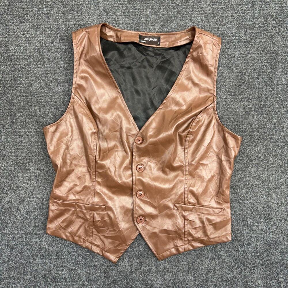 Lulumari Vest Women's XL Brown Faux Leather Gilet V Neck Button Front Jacket